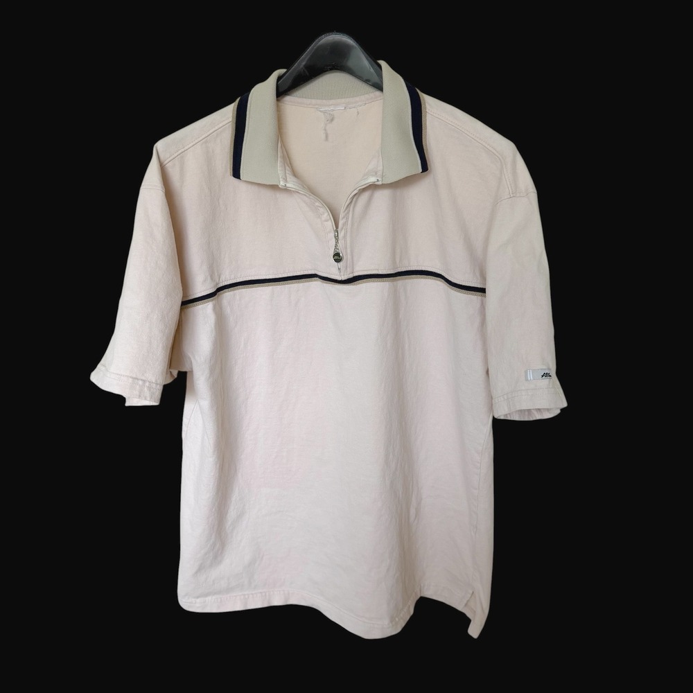 No Fear Mens 1/4 Zip Polo Shirt Tan Short Sleeve Striped Chest Logo Sz XL